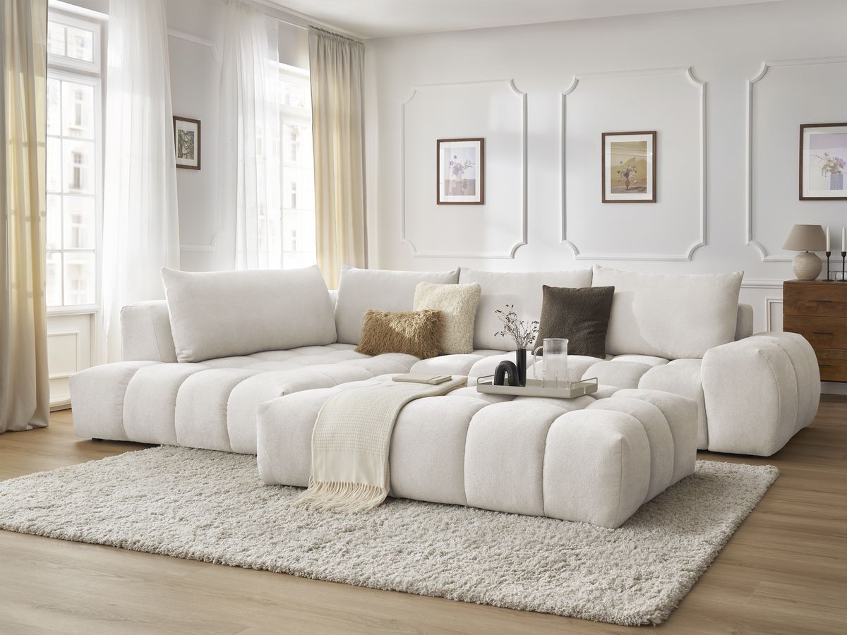 Bobochic Everest Ecksofa mit Schlaffunktion und Pouf, 4 Kissen Strukturstoff Weiß Ecke links