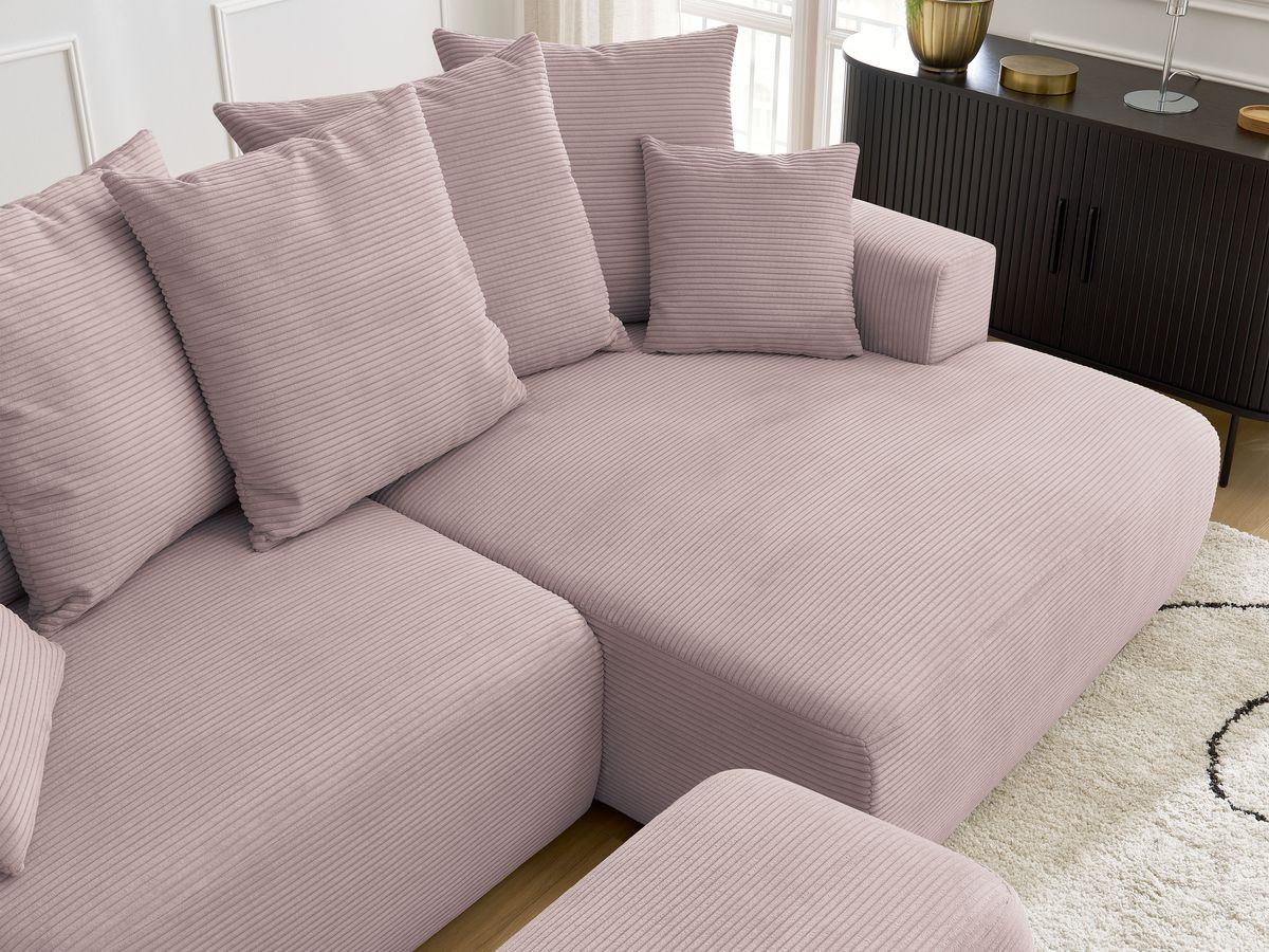 Bobochic Atilla Ecksofa mit Schlaffunktion und Bettkasten und Pouf Cordsamt Violett Ecke rechts
