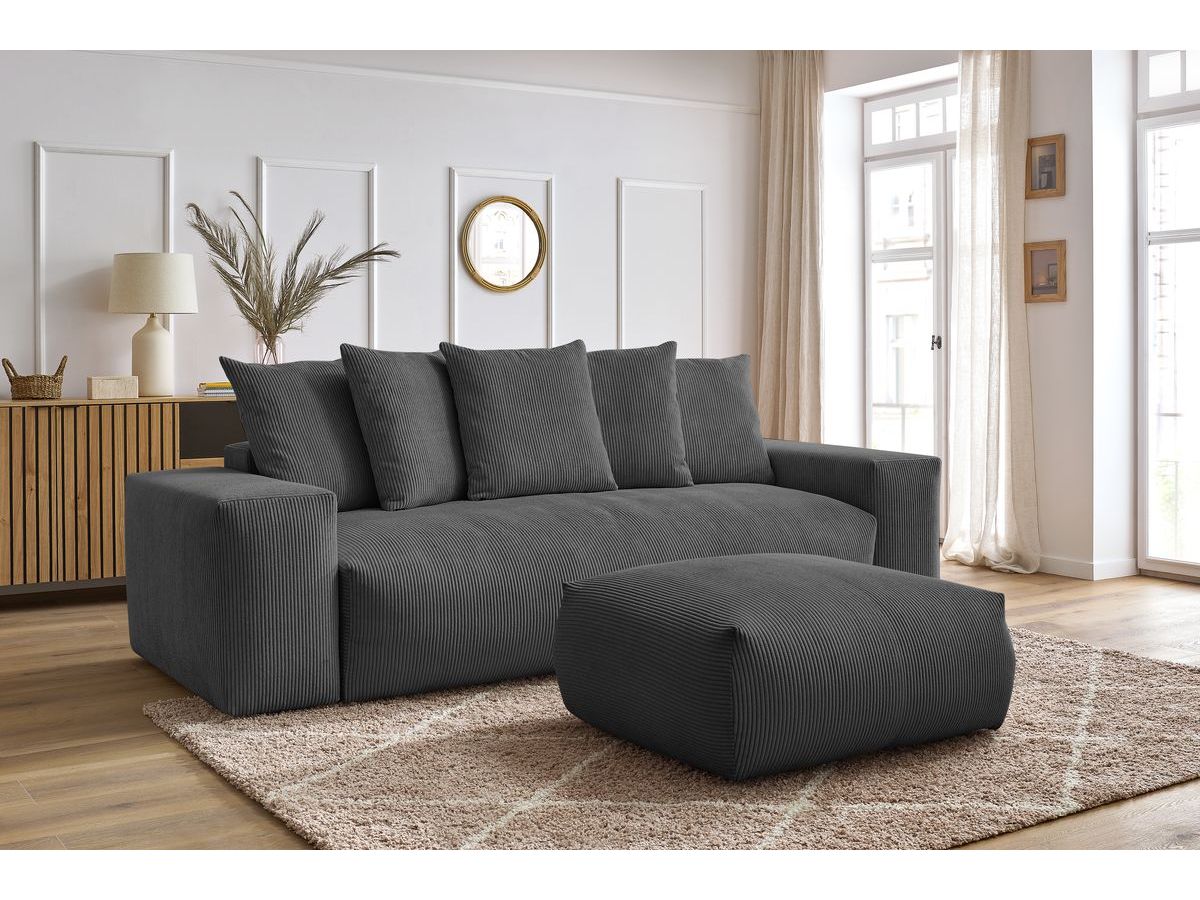 Bobochic Voltaire Schlafsofa 4-Sitzer mit Bettkasten und Pouf Cordsamt Dunkelgrau