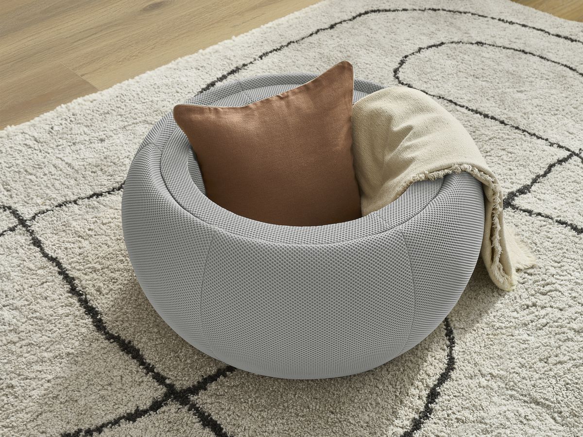 Bobochic Hayden Pouf mit Tablett, rund Mesh-Stoff Hellgrau, 77 cm