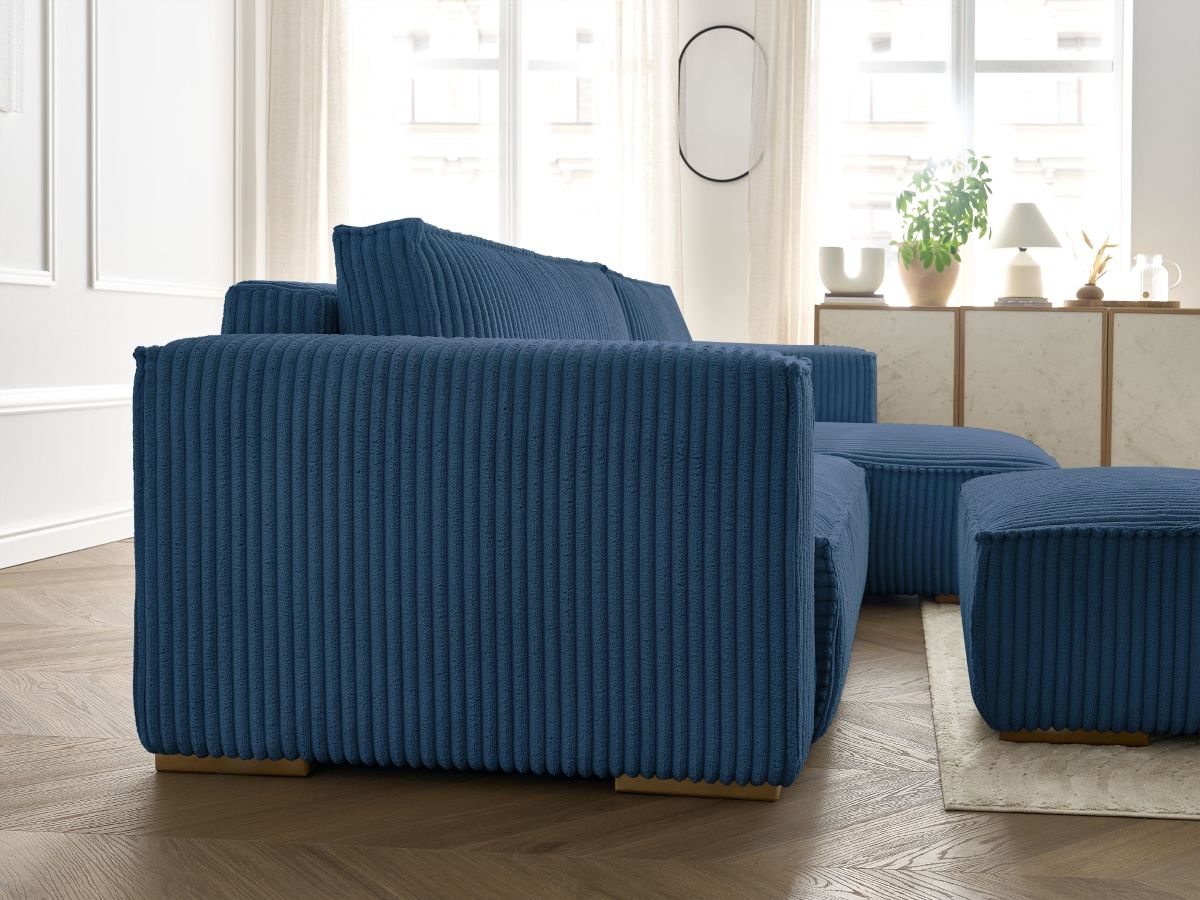 Bobochic Chelsea Ecksofa mit Schlaffunktion und Bettkasten und Pouf Breitcord weich Dunkelblau