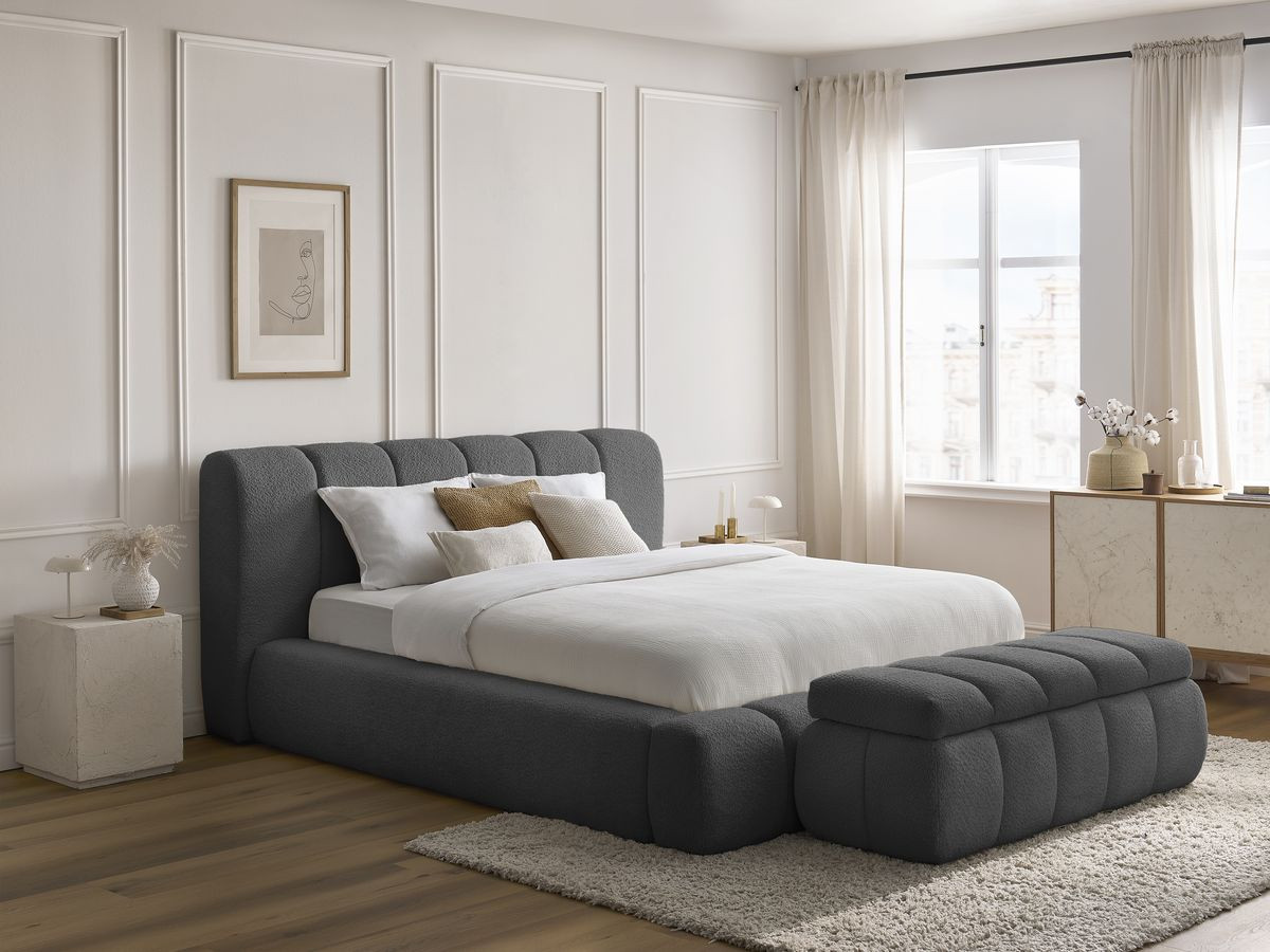 Bobochic Denali Polsterbett mit Bettkasten mit Bettbank Bouclé-Stoff Dunkelgrau, Liegefläche 180 × 200 cm