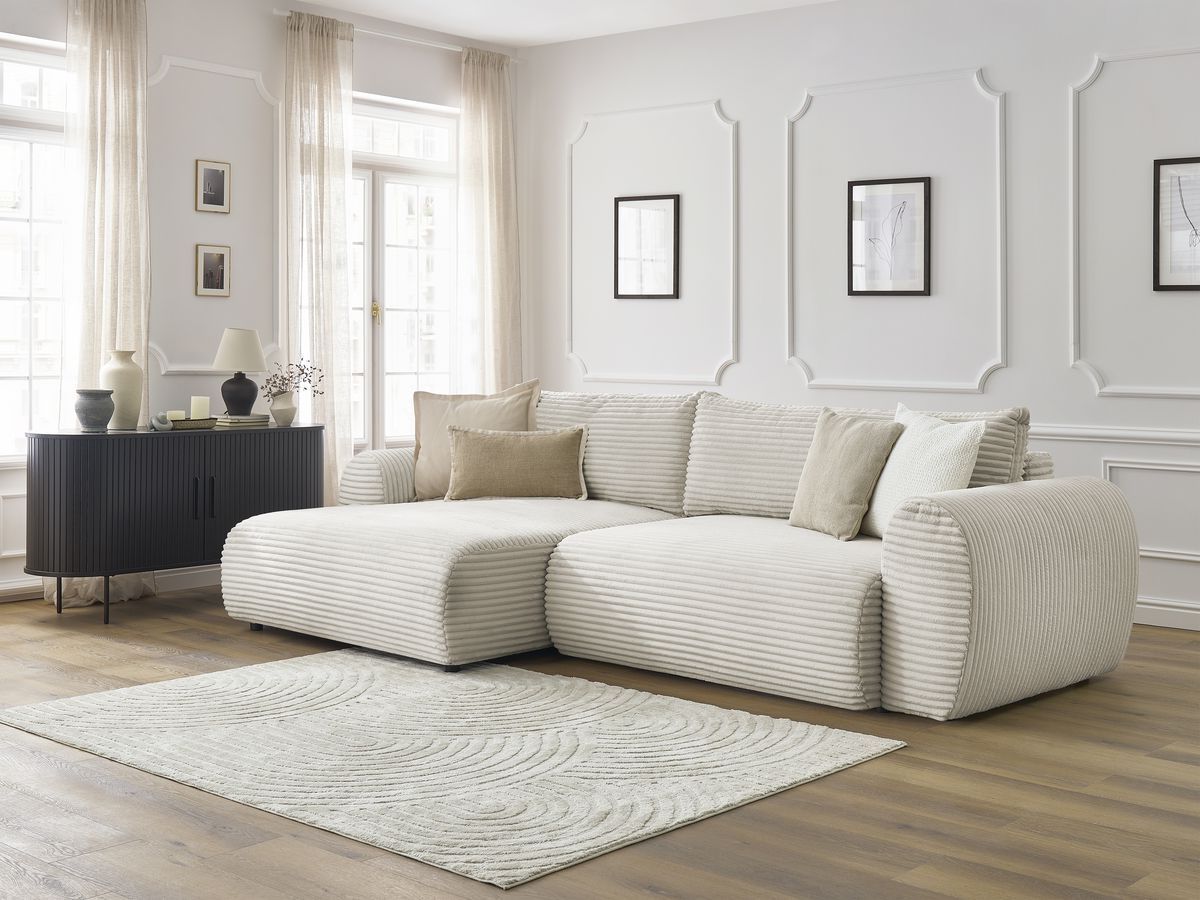 Bobochic Lucien Ecksofa mit Schlaffunktion und Bettkasten 314 × 167 cm Breitcord weich Beige Ecke links