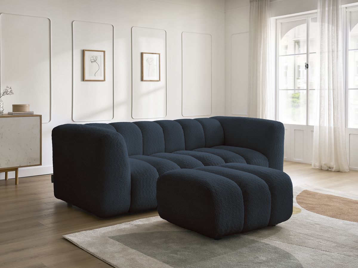 Bobochic Talia Sofa 3-Sitzer mit Pouf Bouclé-Stoff Dunkelblau