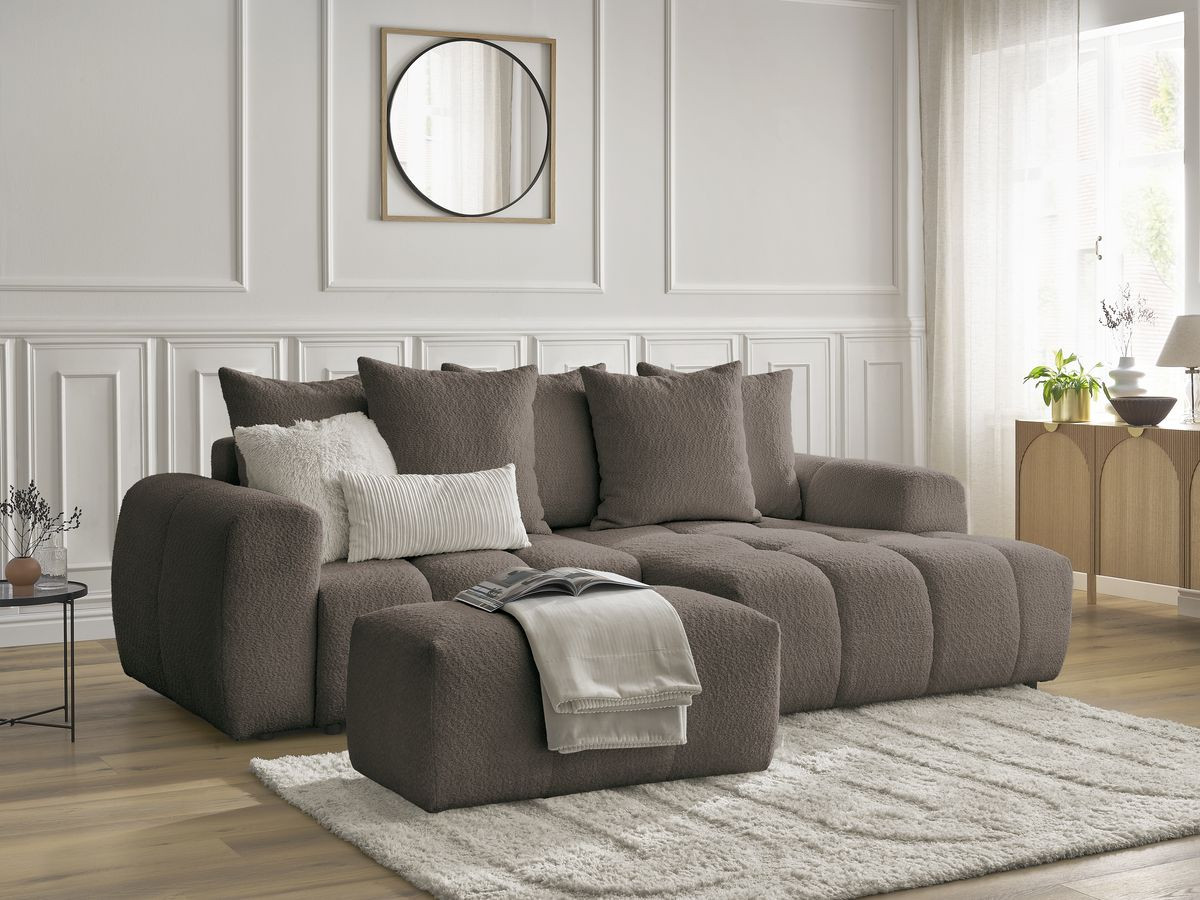 Bobochic Roxelane Ecksofa mit Schlaffunktion und Bettkasten und Pouf 258 × 150 cm Bouclé-Stoff Braun Ecke rechts