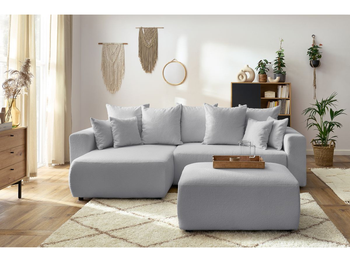 Bobochic Envy Ecksofa mit Schlaffunktion und Bettkasten und rechteckigem Pouf Bouclé-Stoff Hellgrau