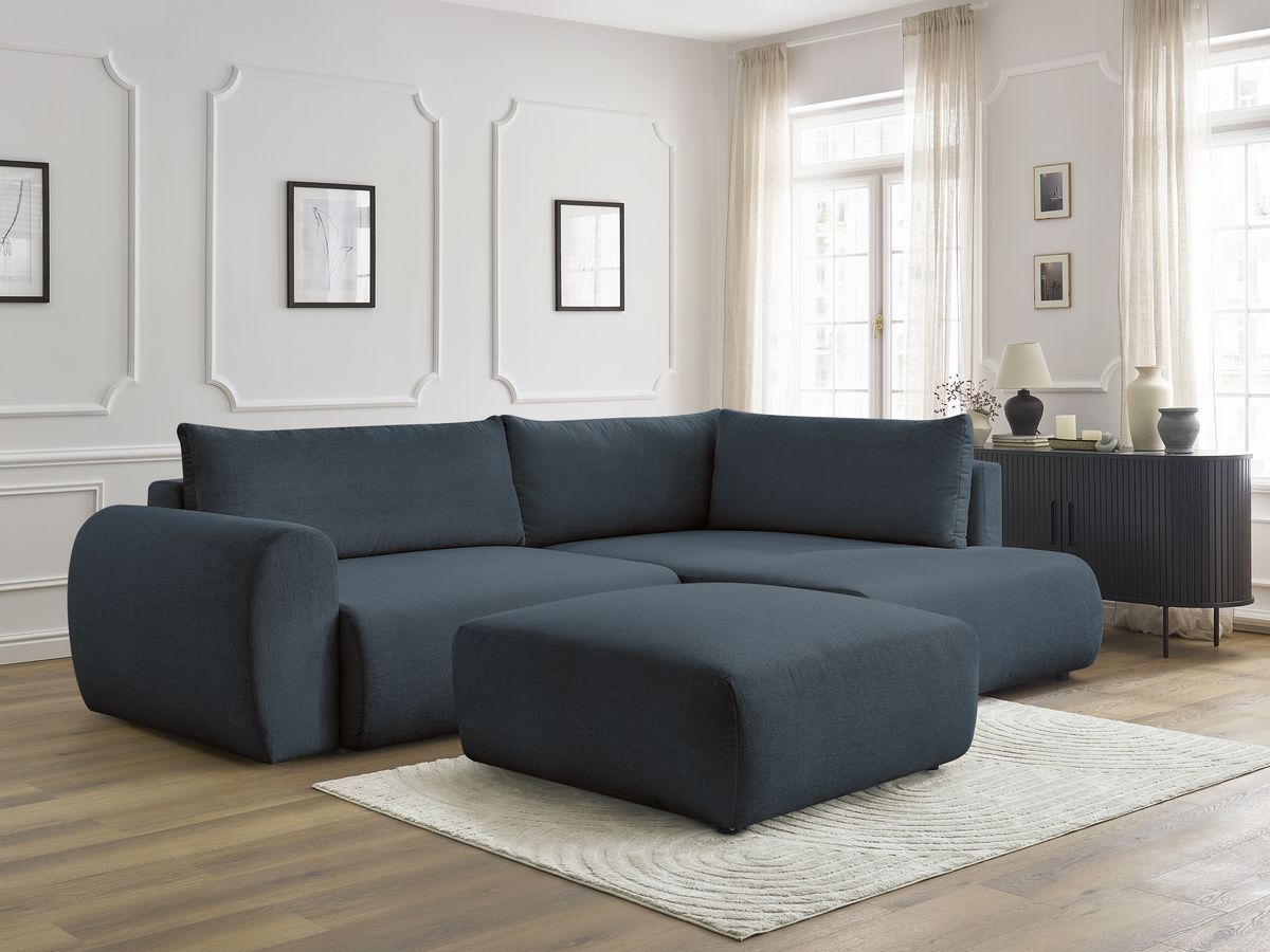 Bobochic Lucien Ecksofa mit Schlaffunktion und Bettkasten und Pouf 296 × 198 cm Stoff Dunkelblau Ecke rechts