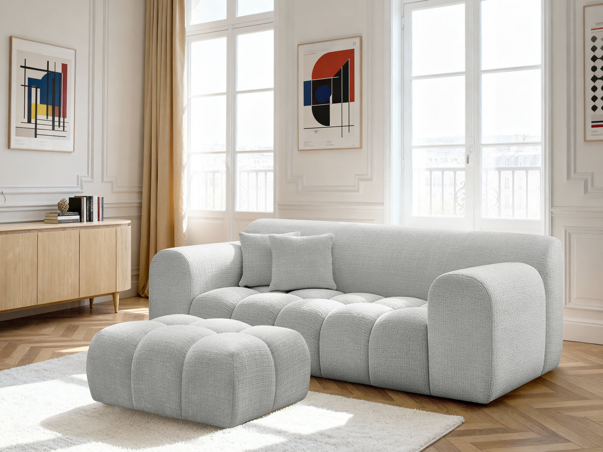 Bobochic Melisse Sofa 2-Sitzer mit Pouf Strukturstoff Hellgrau