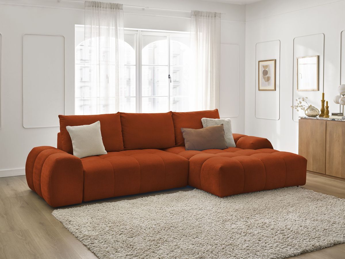 Bobochic Everest Ecksofa mit Schlaffunktion und Bettkasten 318 × 180 cm, 3 Kissen Strukturstoff Orange Ecke rechts