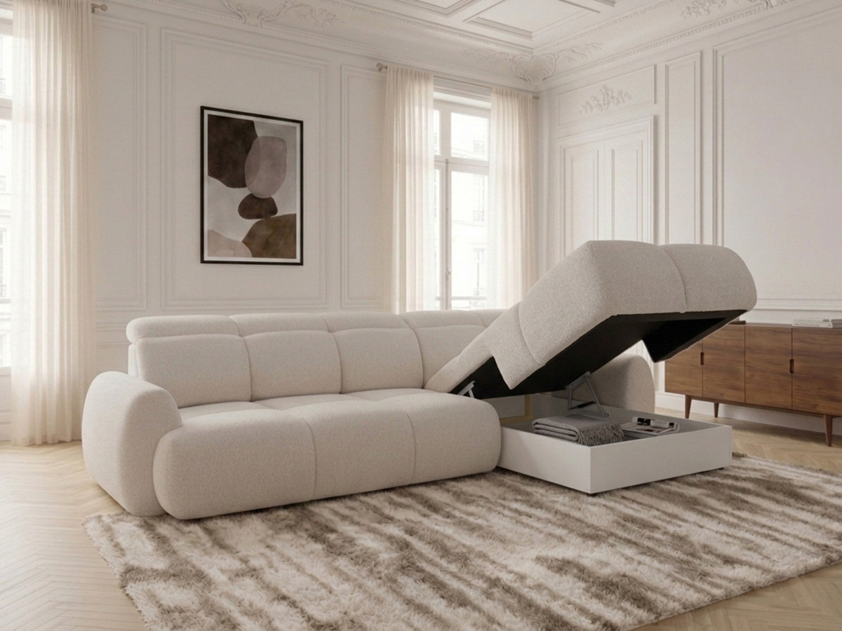 Bobochic Ruby Ecksofa mit Schlaffunktion und Bettkasten Chenille Beige Ecke rechts