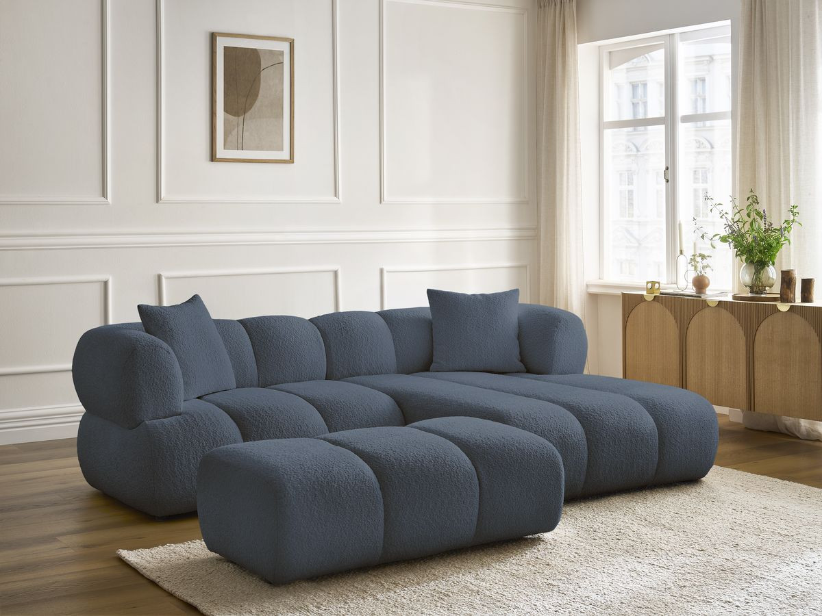 Bobochic Pamira Ecksofa mit Pouf Bouclé-Stoff Dunkelblau Ecke rechts