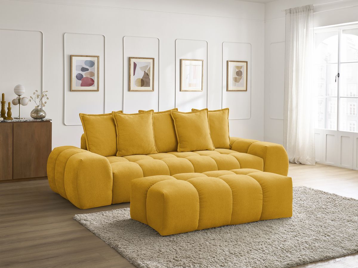 Bobochic Everest Sofa 3-Sitzer mit Pouf, 5 Kissen Strukturstoff Gelb