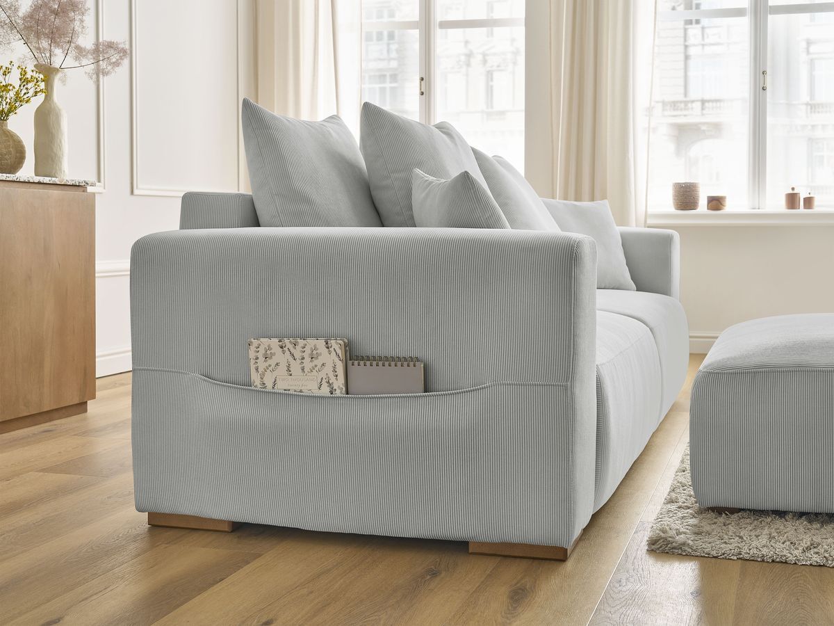 Bobochic Sidonie Schlafsofa 4-Sitzer mit Bettkasten und Pouf Cordsamt Hellgrau