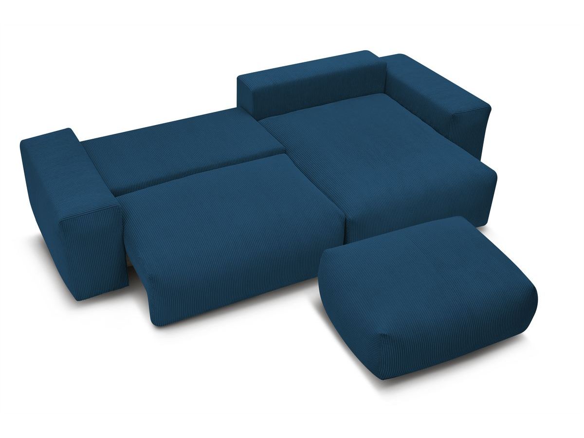 Bobochic Voltaire Ecksofa mit Schlaffunktion und Bettkasten und Pouf Cordsamt Dunkelblau