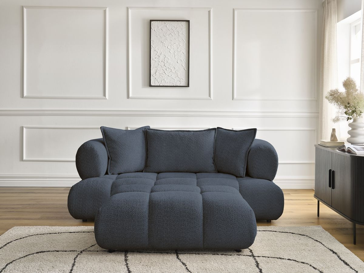 Bobochic Alya Sofa 2-Sitzer mit Pouf Bouclé-Stoff Dunkelblau