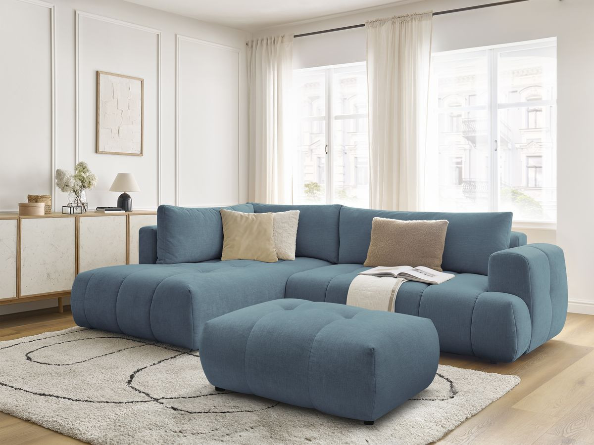 Bobochic Fuji Ecksofa mit Schlaffunktion und Bettkasten und Pouf 282 × 204 cm Stoff Hellblau Ecke links