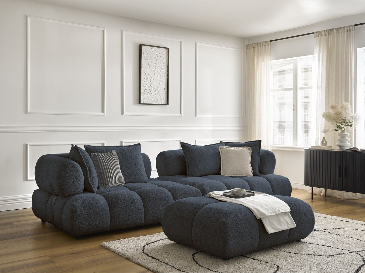 Bobochic Alya Sofa 4-Sitzer mit Pouf Bouclé-Stoff Dunkelblau