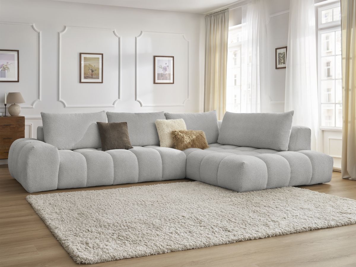 Bobochic Everest Ecksofa, 4 Kissen Melange-Stoff Hellgrau Ecke rechts