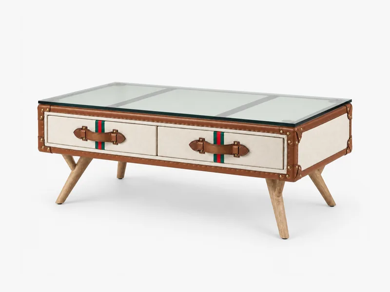 Couchtisch im Kofferdesign mit Glasplatte und Holzbeinen