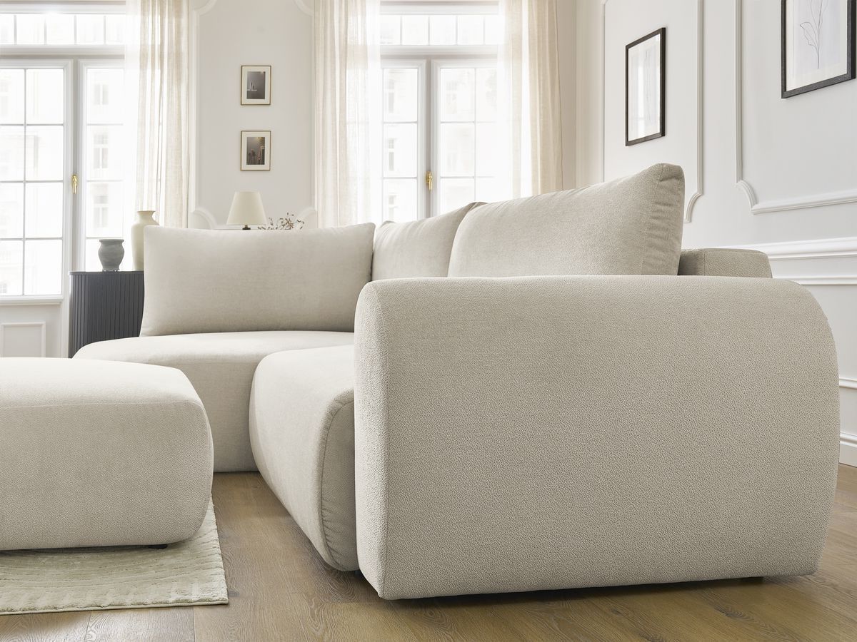 Bobochic Lucien Ecksofa mit Schlaffunktion und Bettkasten und Pouf 296 × 198 cm Stoff Beige Ecke links