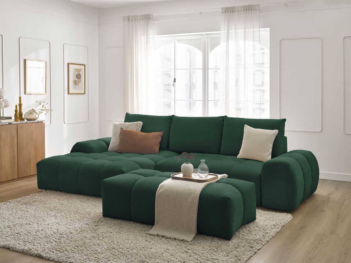 Bobochic Everest Ecksofa mit Schlaffunktion und Bettkasten und Pouf 318 × 180 cm, 3 Kissen Strukturstoff Grün Ecke links