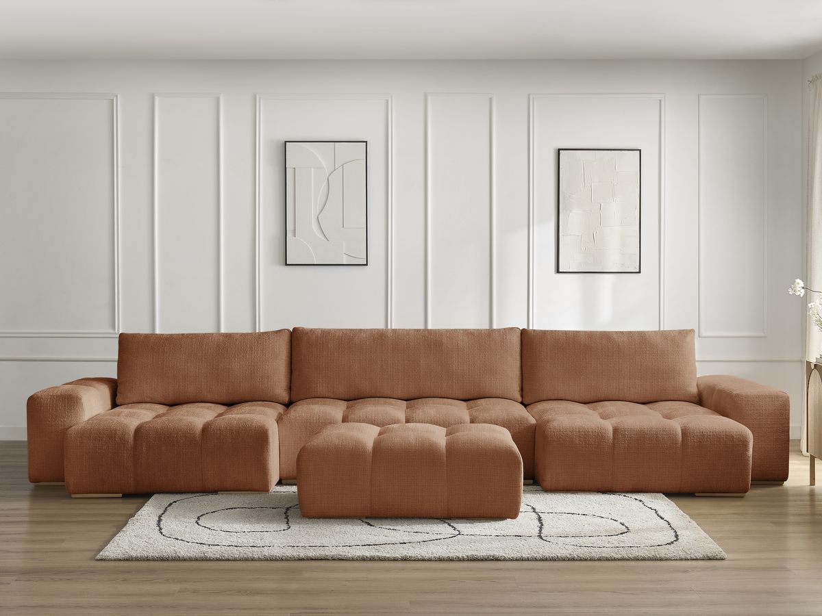 Bobochic Anakin Wohnlandschaft mit Pouf, Liegefläche 137 × 382 cm, 3 Kissen Strukturstoff Orange
