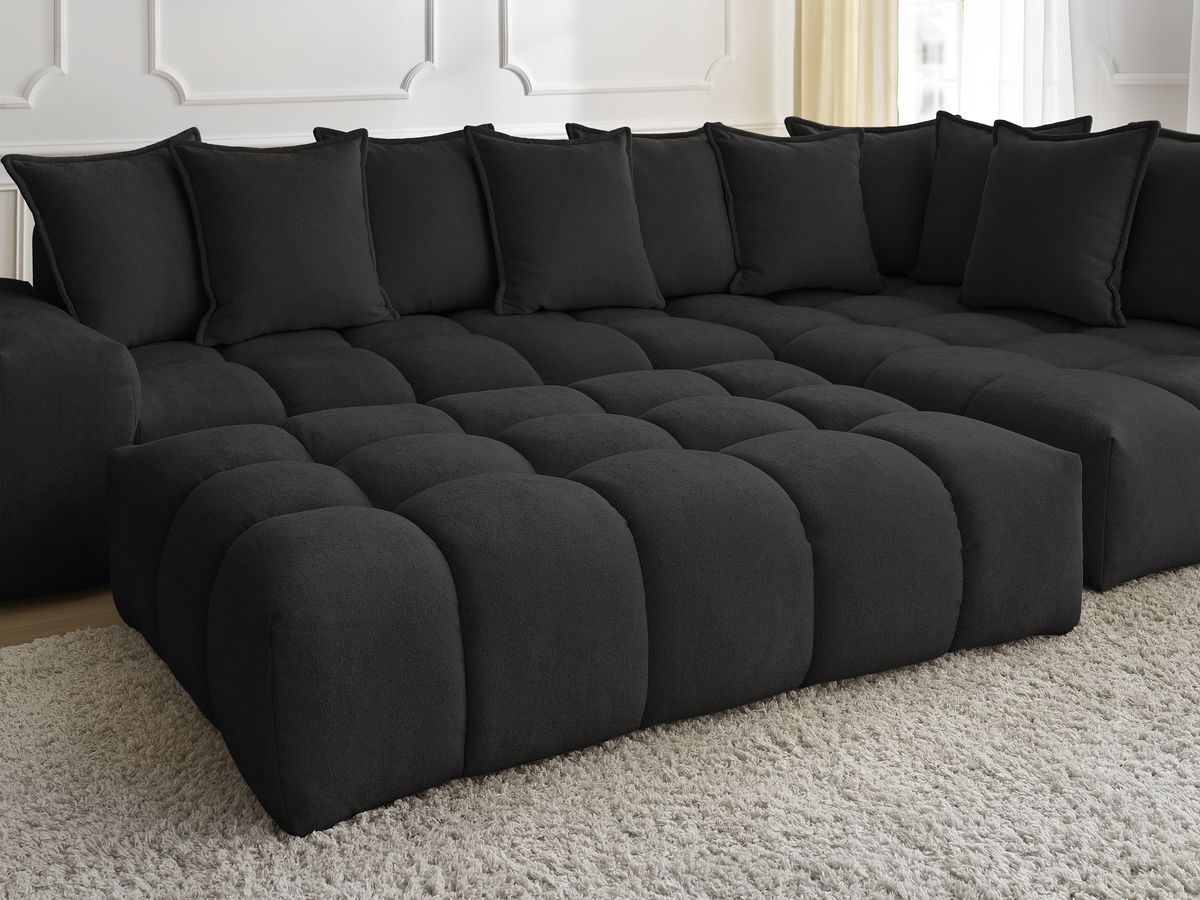 Bobochic Everest Ecksofa mit Schlaffunktion und Pouf, 10 Kissen Strukturstoff Schwarz Ecke rechts