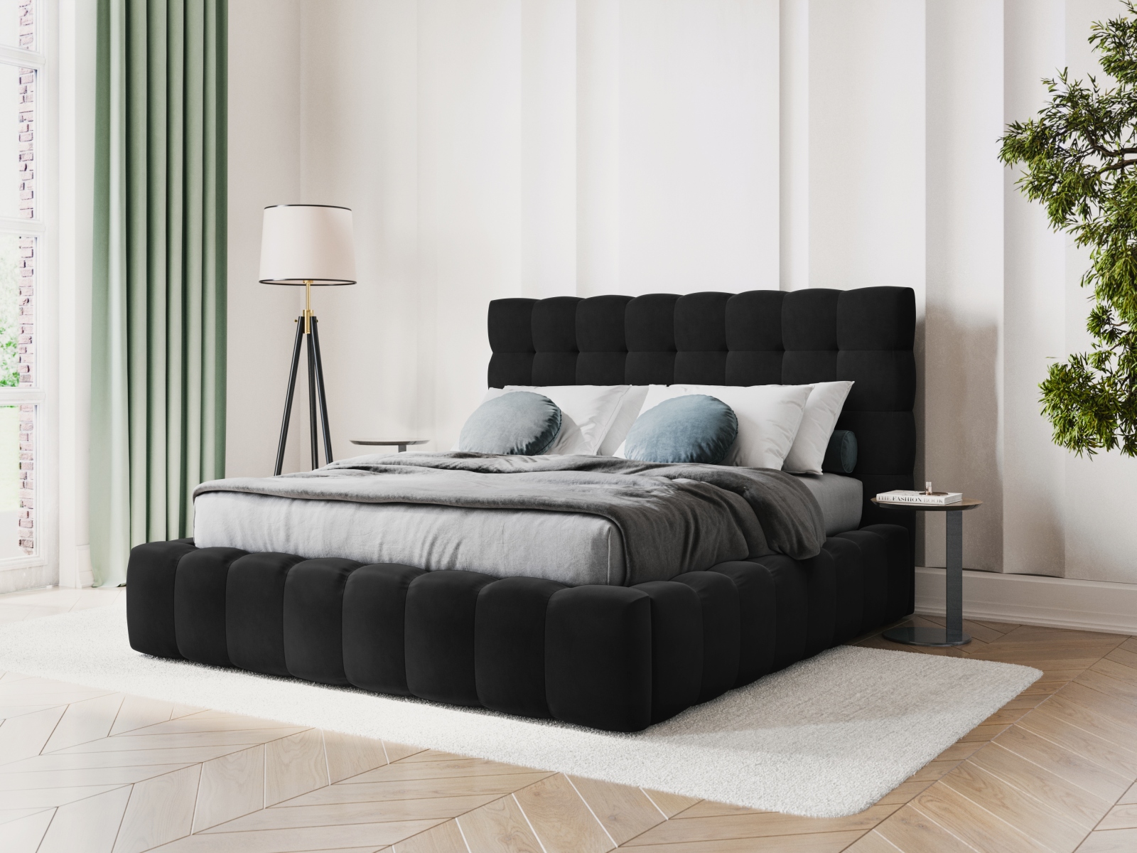 Micadoni Stauraumbett mit Kopfteil Mamaia Samt Bluvel Schwarz 180x200