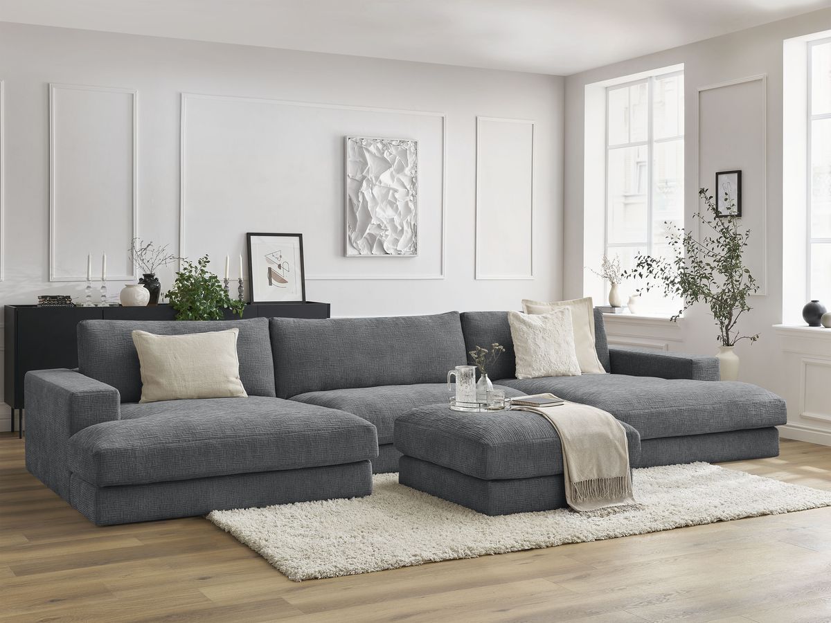 Bobochic Leonard Wohnlandschaft mit Pouf 349 × 159 cm Strukturstoff Dunkelgrau