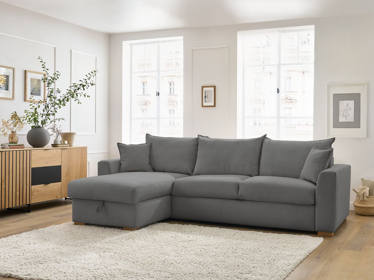 Bobochic Augustin Ecksofa mit Schlaffunktion und Bettkasten Cordsamt Dunkelgrau, Liegefläche 140 × 200 cm