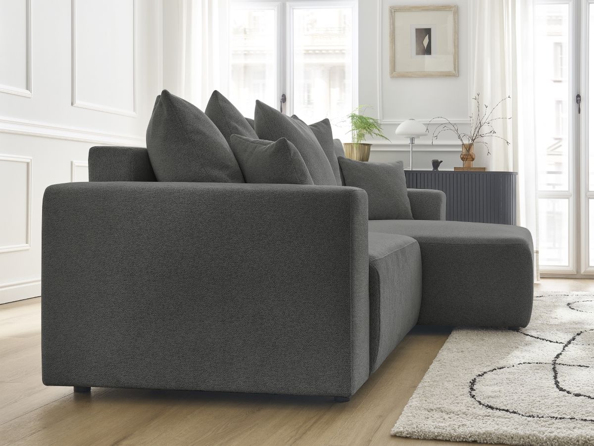 Bobochic Atilla Ecksofa mit Schlaffunktion und Bettkasten Melange-Stoff Dunkelgrau Ecke rechts