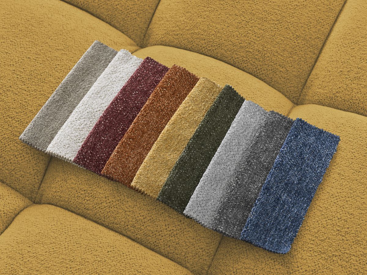Bobochic Everest Ecksofa mit Schlaffunktion und Pouf, 4 Kissen Melange-Stoff Gelb Ecke rechts