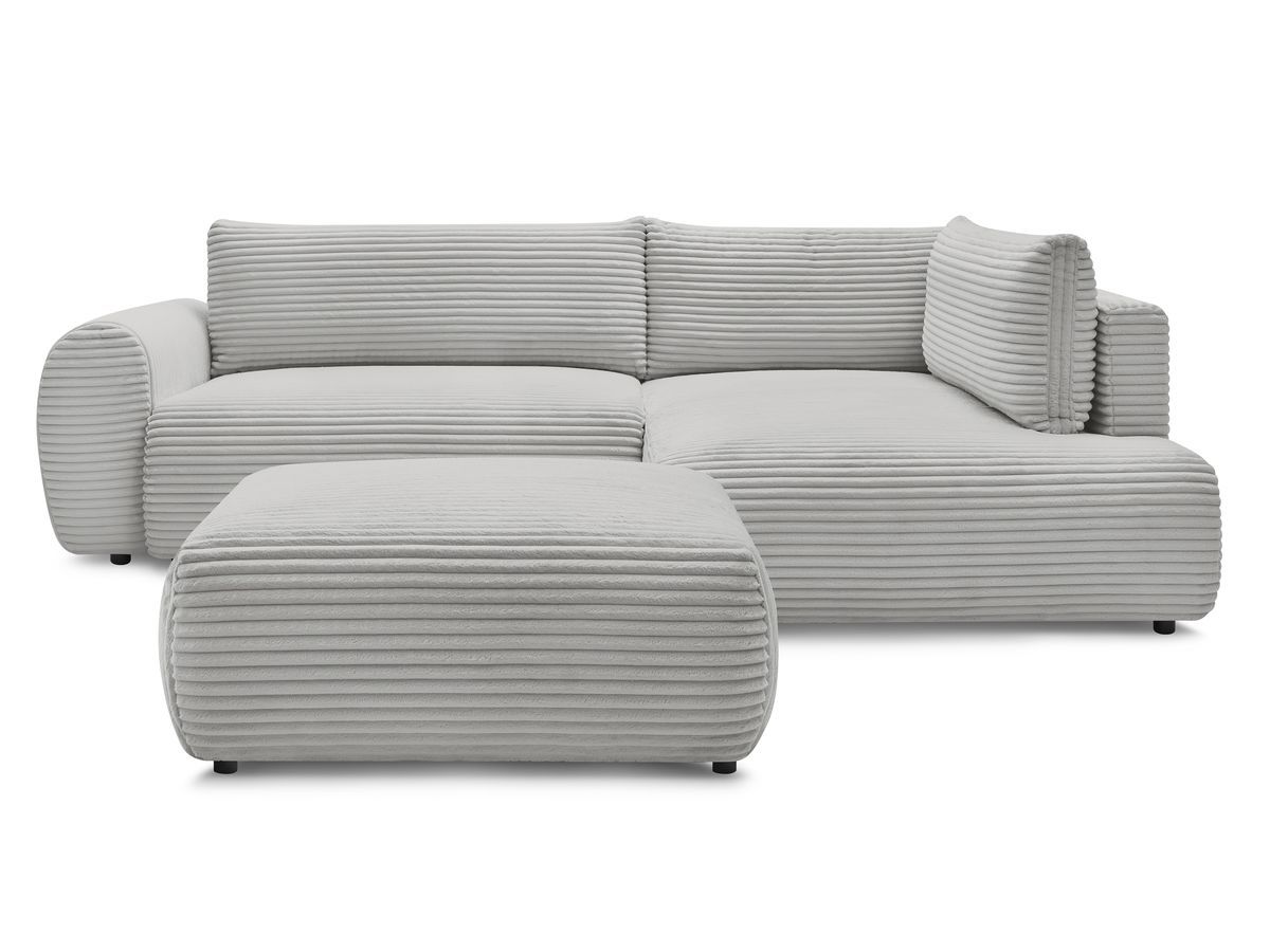 Bobochic Lucien Ecksofa mit Schlaffunktion und Bettkasten und Pouf 296 × 198 cm Breitcord weich Hellgrau Ecke rechts
