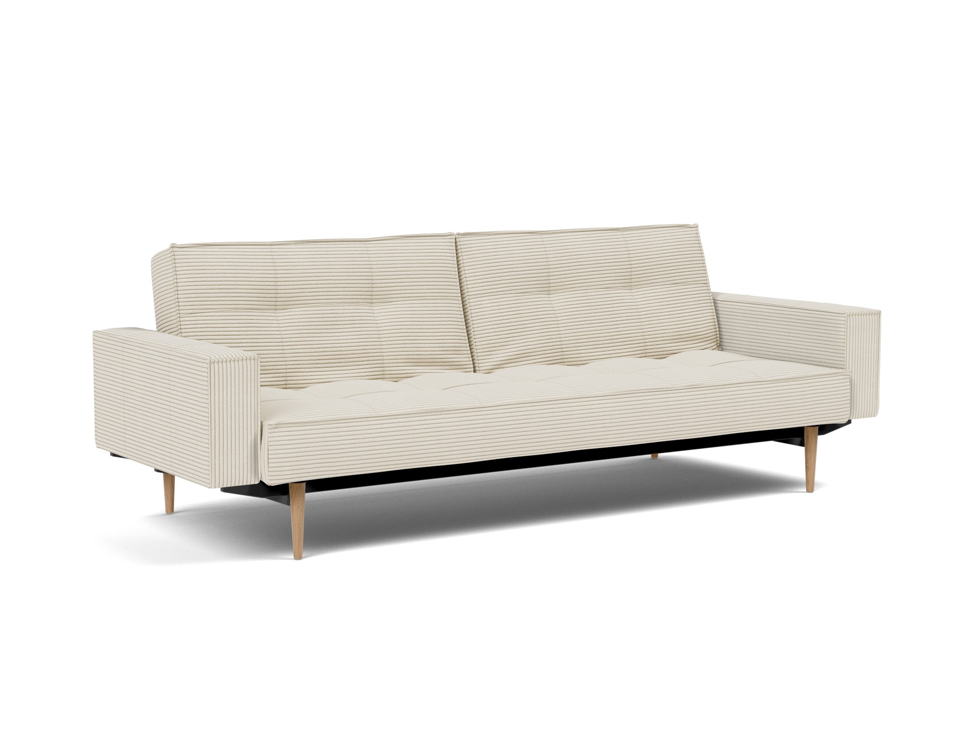 Schlafsofa Splitback mit Armlehnen Kord Corduroy 594-Ivory Beine Styletto Eiche hell