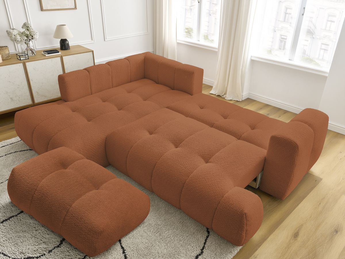 Bobochic Fuji Ecksofa mit Schlaffunktion und Bettkasten und Pouf 282 × 204 cm Bouclé-Stoff Orange Ecke links
