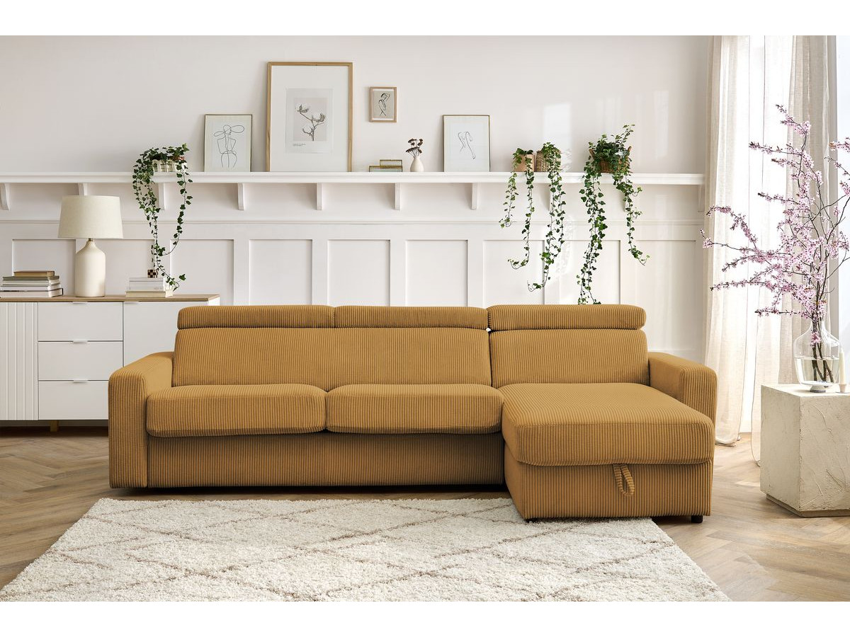 Bobochic Monaco Ecksofa mit Schlaffunktion und Bettkasten Cordsamt Gelb, Liegefläche 140 × 190 cm