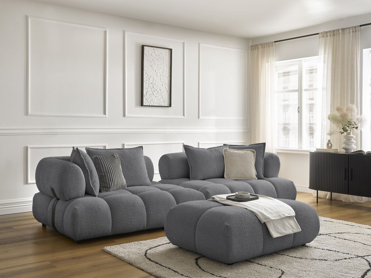 Bobochic Alya Sofa 4-Sitzer mit Pouf Bouclé-Stoff Dunkelgrau
