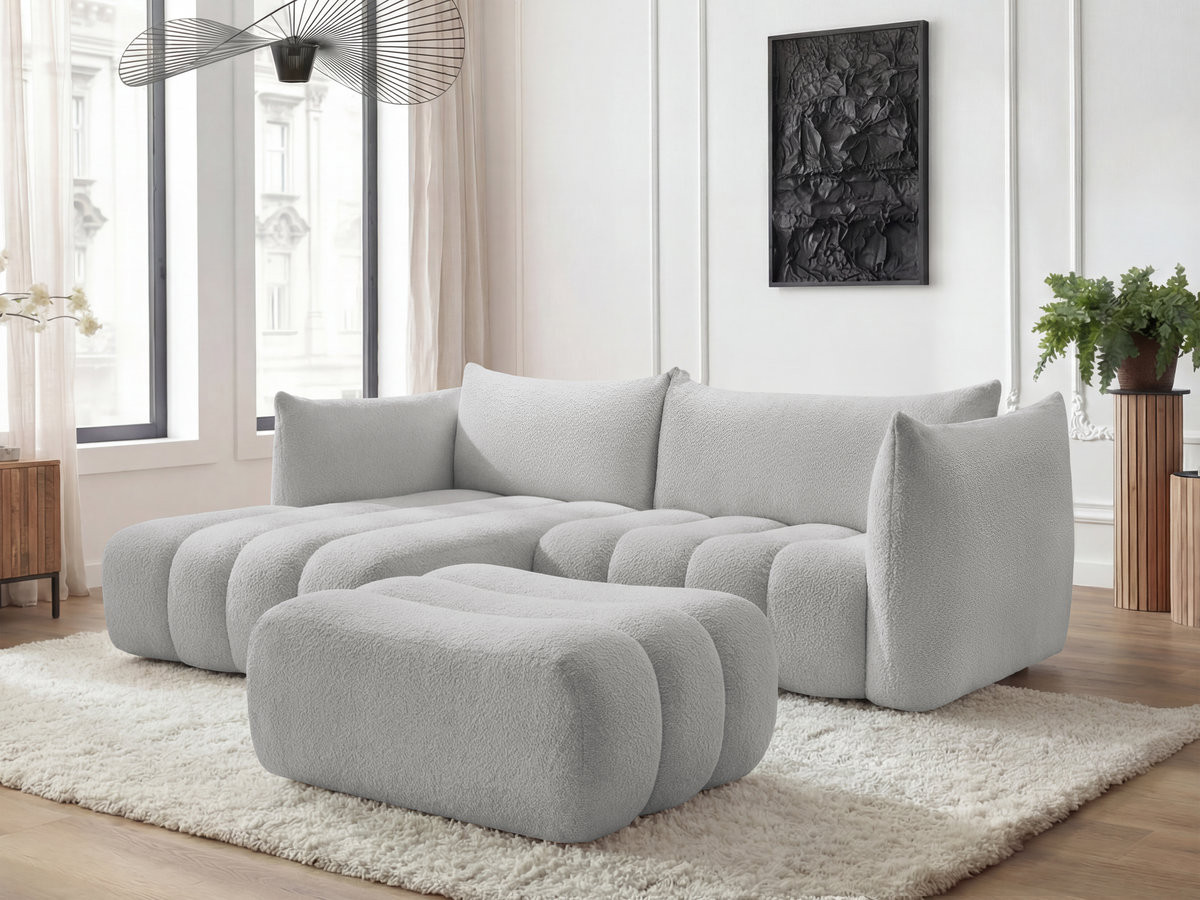 Bobochic Azra Ecksofa mit Pouf 262 × 178 cm Bouclé-Stoff Hellgrau Ecke links
