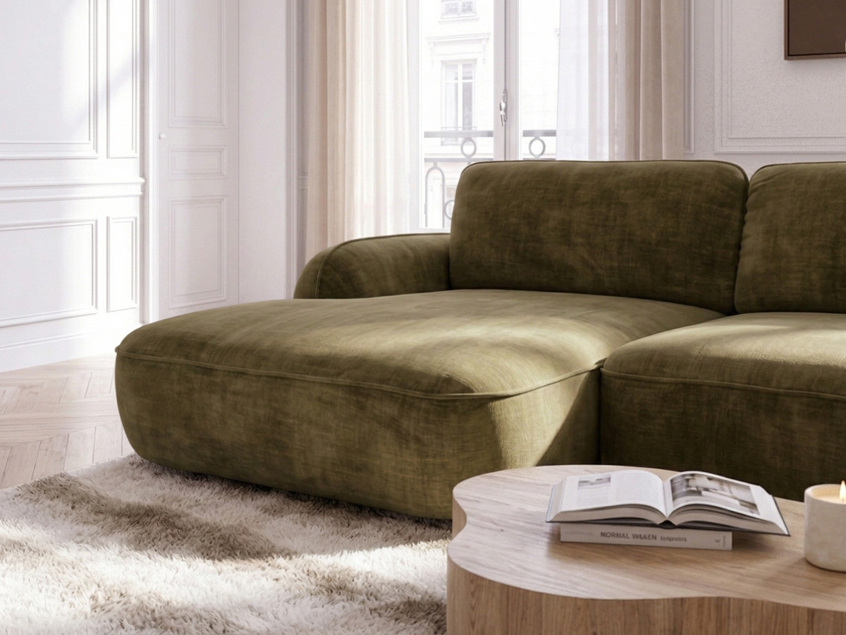 Bobochic Celeste Ecksofa mit Schlaffunktion und Bettkasten Stoff Grün Ecke links