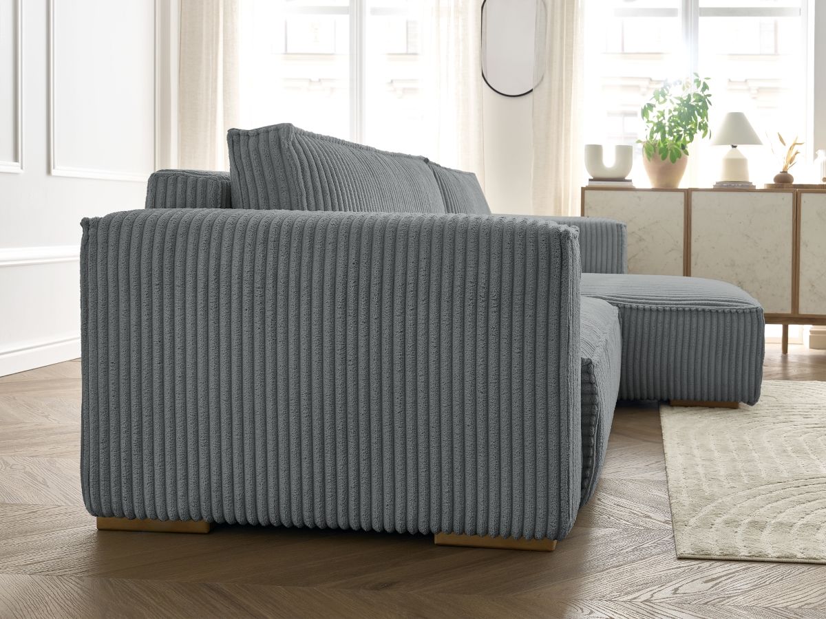 Bobochic Chelsea Ecksofa mit Schlaffunktion und Bettkasten Breitcord weich Dunkelgrau