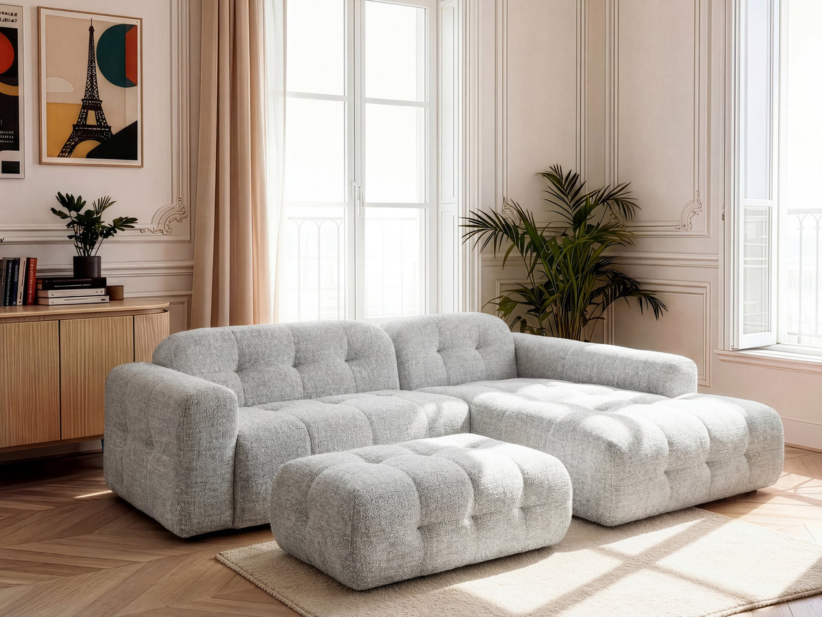 Bobochic Laura Ecksofa mit großem Pouf Melange-Stoff Hellgrau Ecke rechts