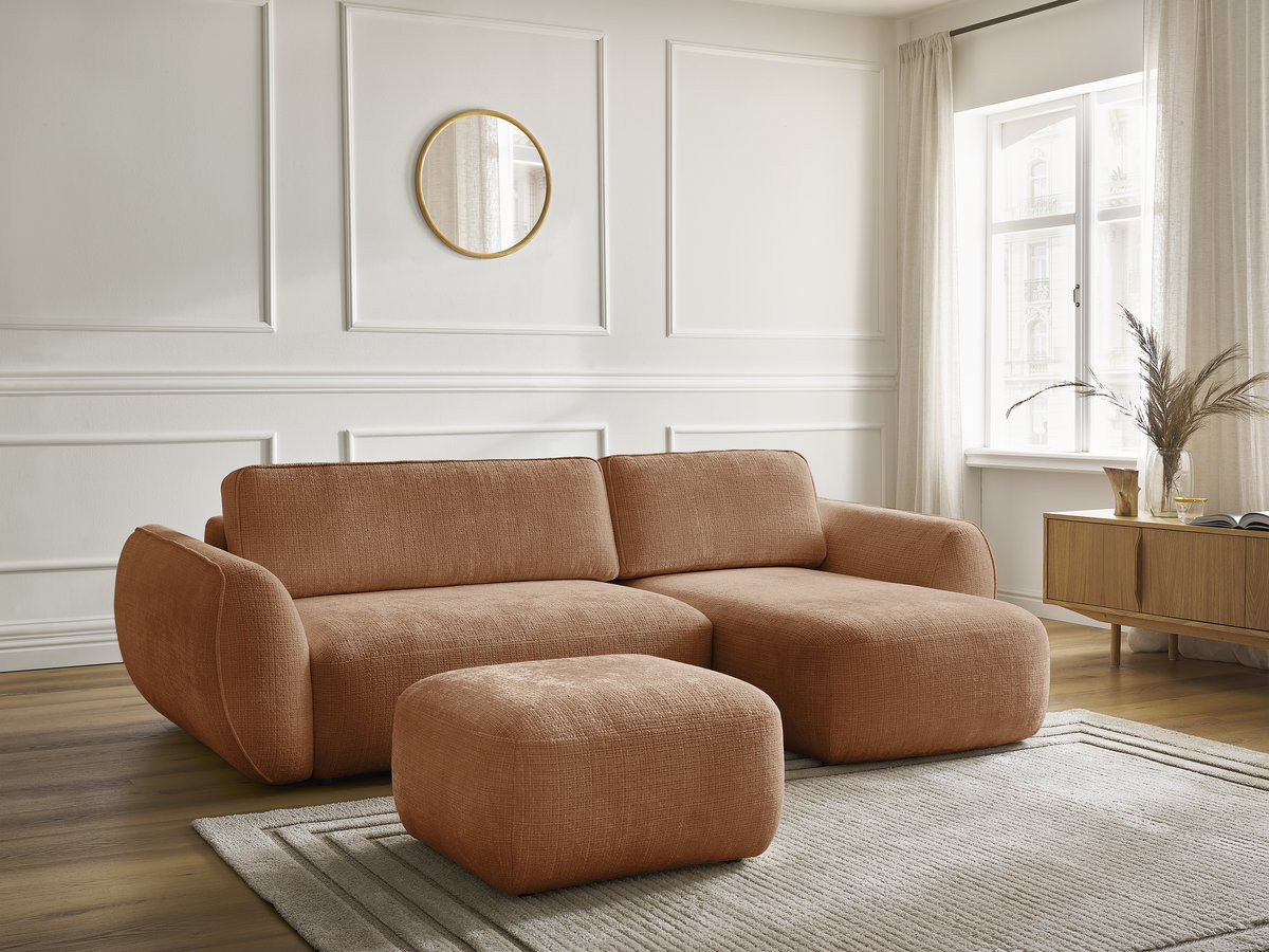 Bobochic Denise Ecksofa mit Schlaffunktion und Bettkasten und Pouf 258 × 160 cm Strukturstoff Orange Ecke rechts