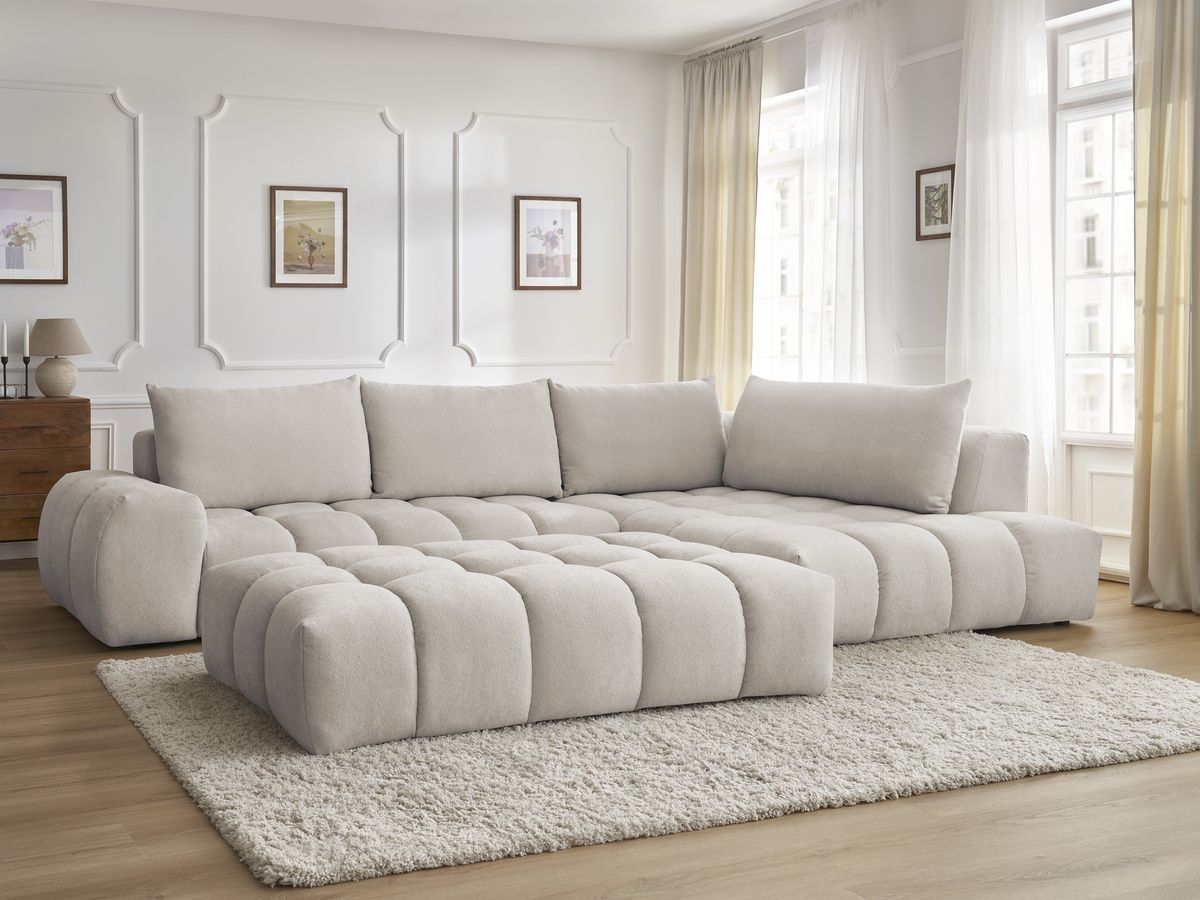 Bobochic Everest Ecksofa mit Schlaffunktion und Pouf, 4 Kissen Strukturstoff Beige Ecke rechts