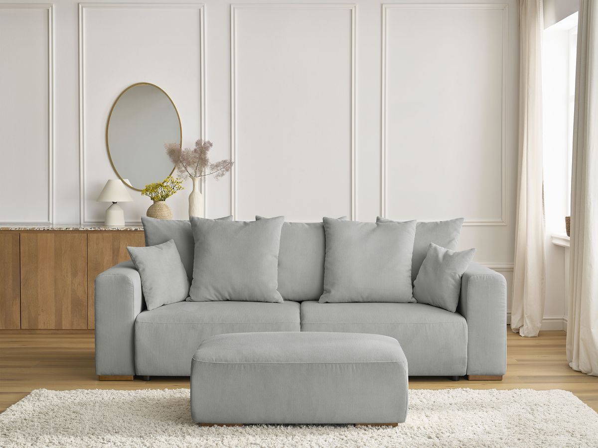 Bobochic Sidonie Schlafsofa 4-Sitzer mit Bettkasten und Pouf Cordsamt Hellgrau
