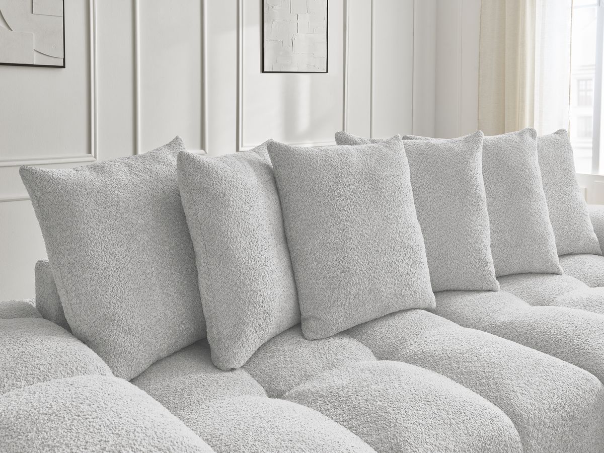 Bobochic Anakin Schlafsofa 3-Sitzer mit Bettkasten und Pouf, 6 Kissen Bouclé-Stoff Hellgrau