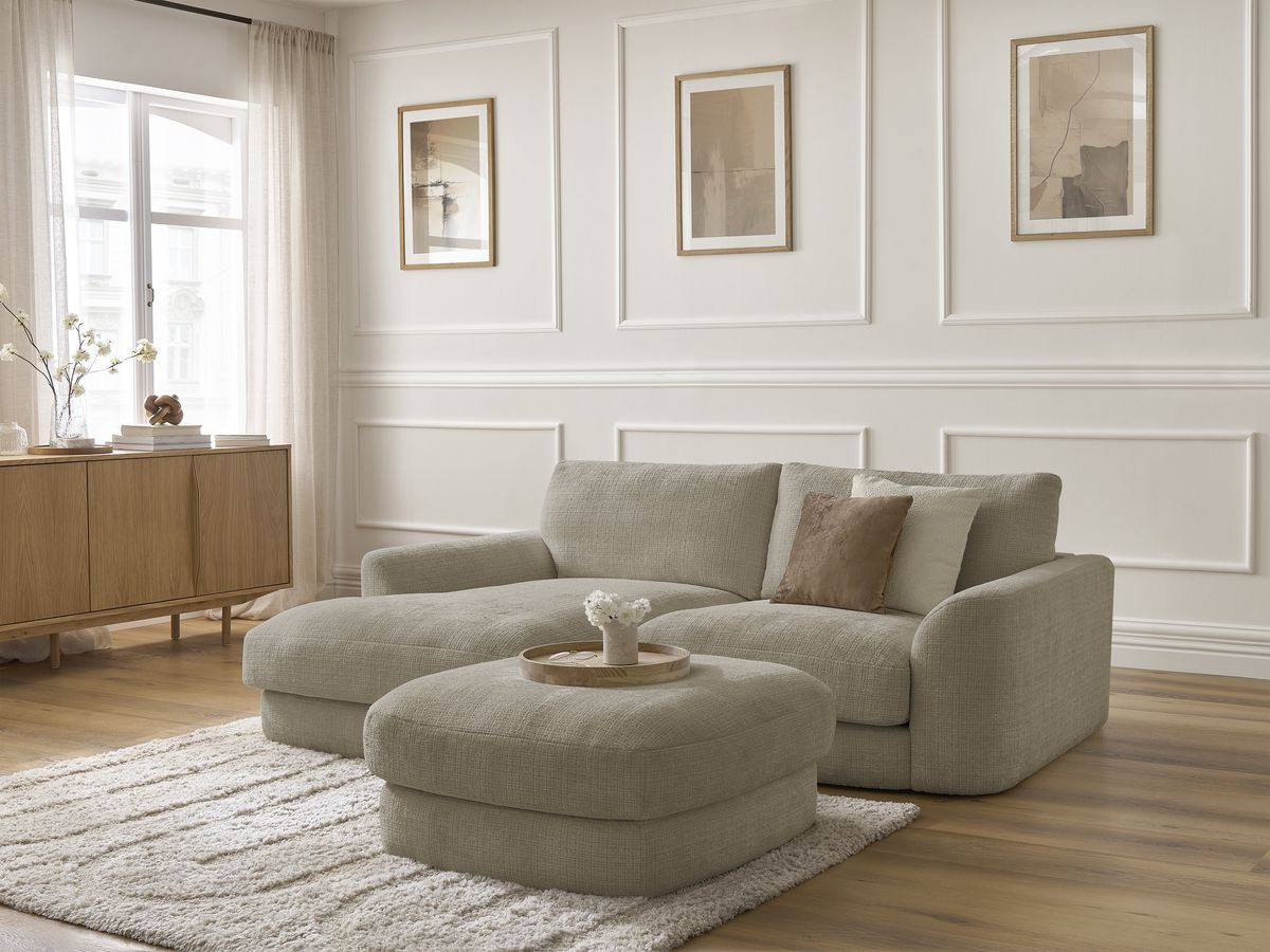 Bobochic Leonore Ecksofa mit Pouf Strukturstoff Taupe Ecke links