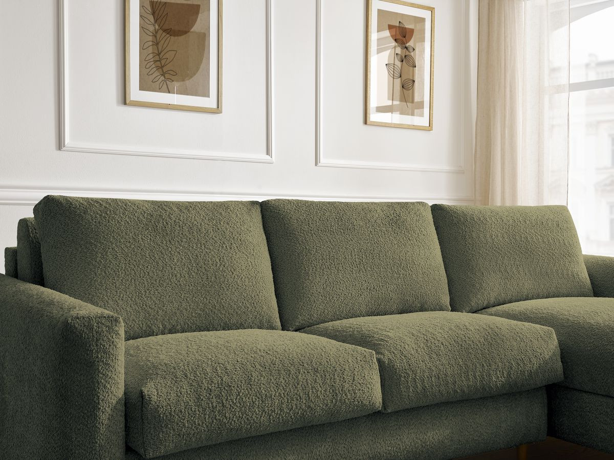Bobochic Cocoone Ecksofa mit Schlaffunktion und Bettkasten Bouclé-Stoff Grün, Liegefläche 160 × 200 cm