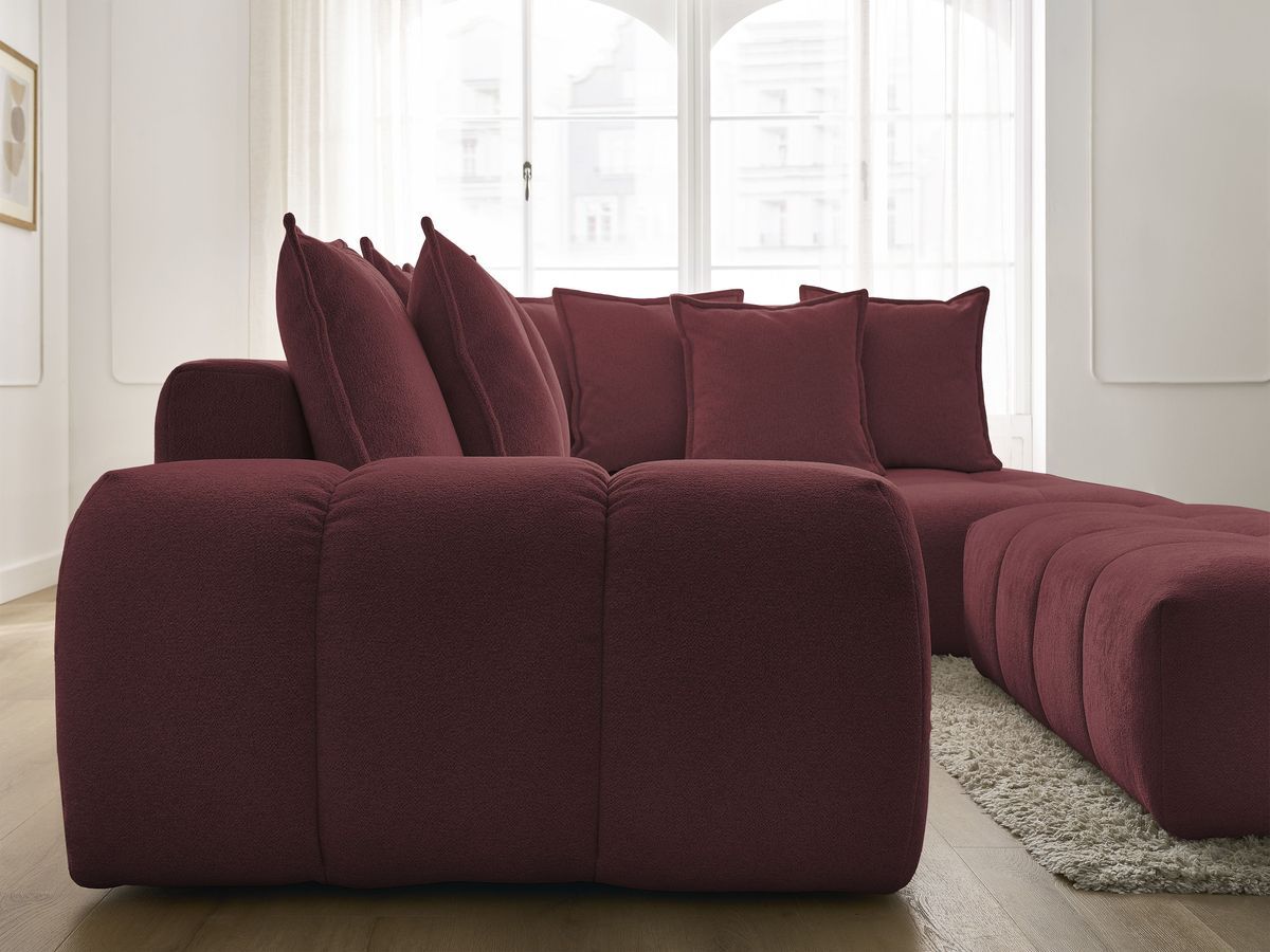 Bobochic Everest Ecksofa mit Schlaffunktion und Bettkasten und Pouf 320 × 212 cm, 10 Kissen Melange-Stoff Rot Ecke rechts