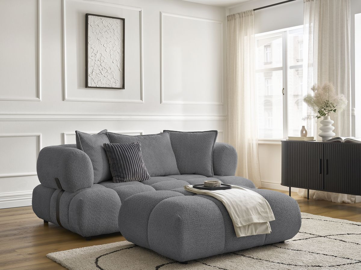 Bobochic Alya Sofa 2-Sitzer mit Pouf Bouclé-Stoff Dunkelgrau