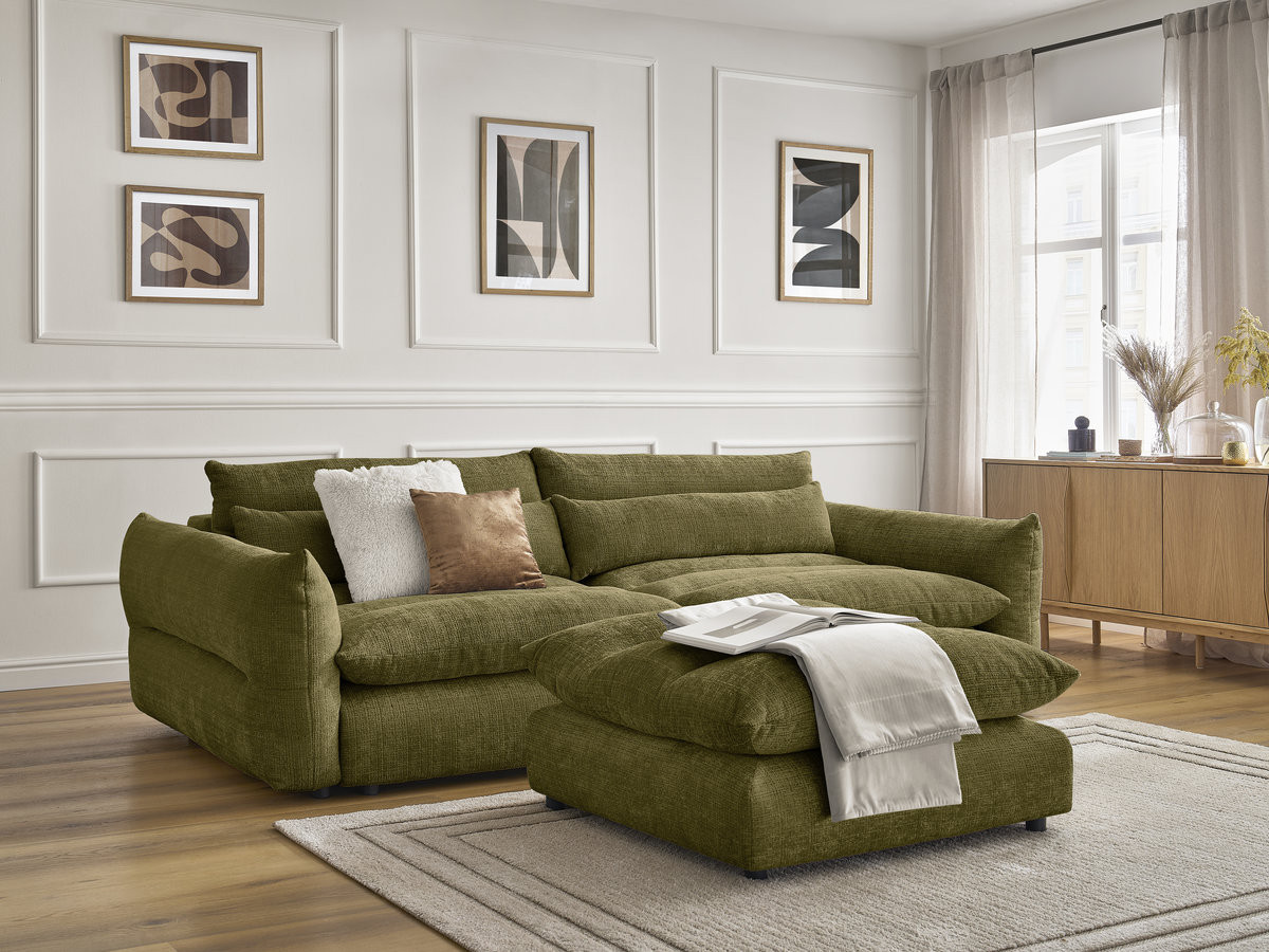 Bobochic Neil Sofa 3-Sitzer mit Pouf Strukturstoff Grün
